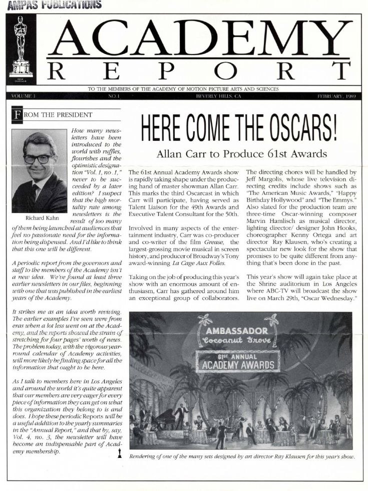 ACADEMY REPORT (USA) magazine side cover  Vol 1 No  1  February 1989