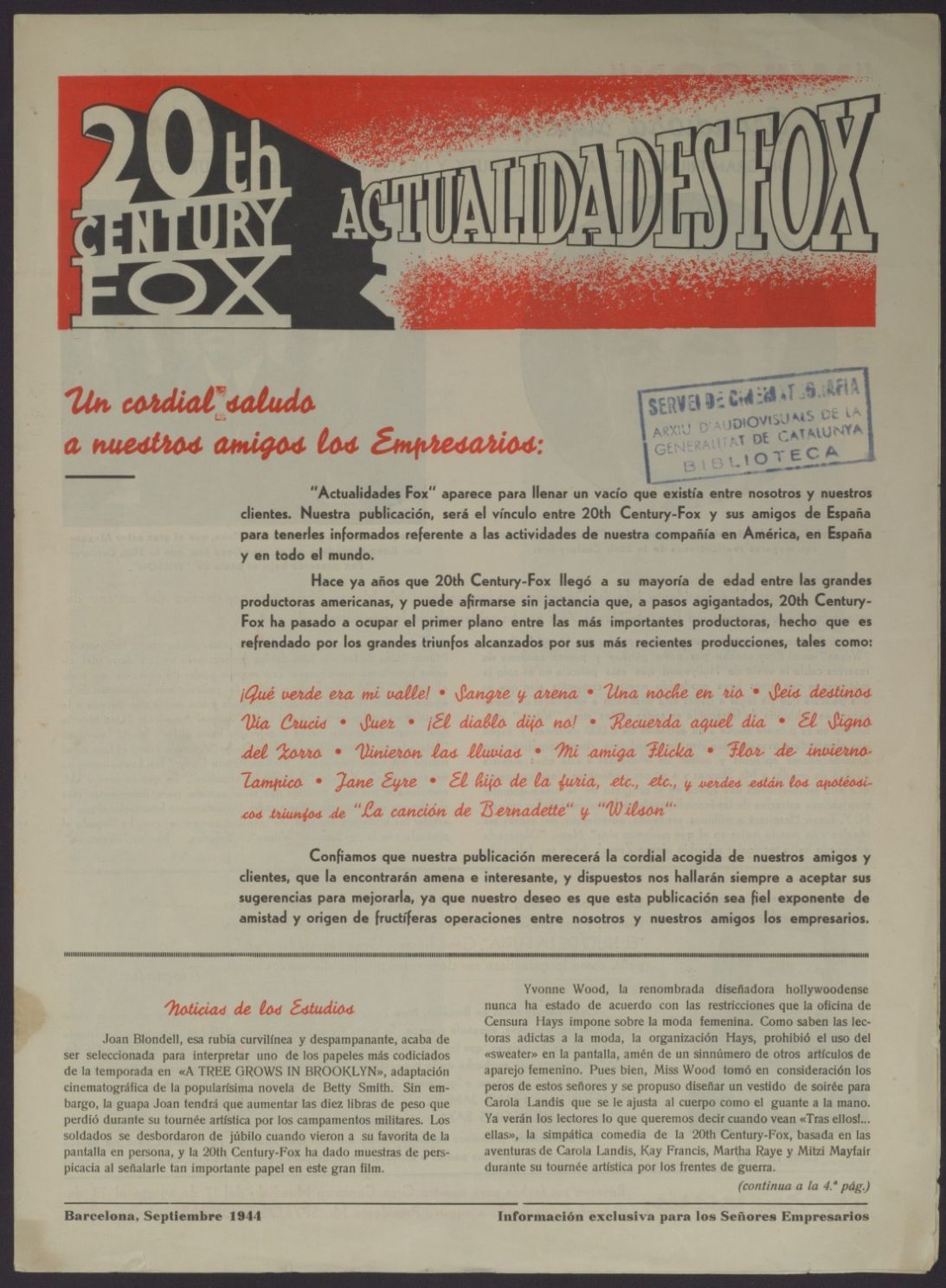 ACTUALIDADES FOX magazine side cover  September 1944