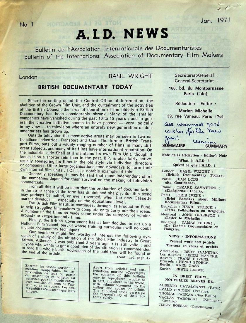 A.I.D. NEWS magazine side cover Issue 1 January 1971