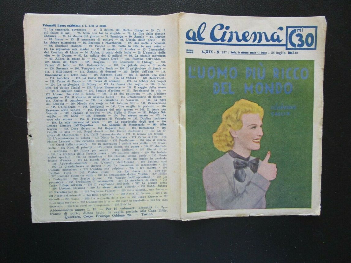 AL CINEMA magazine side cover Issue 237 26 July 1941