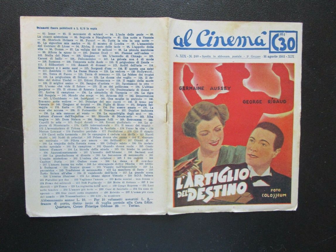 AL CINEMA magazine side cover Issue 240 16 August 1941