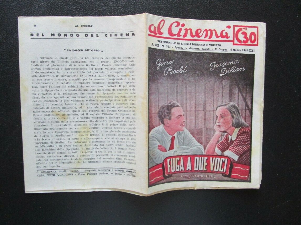 AL CINEMA magazine side cover Issue 313 6 March 1943