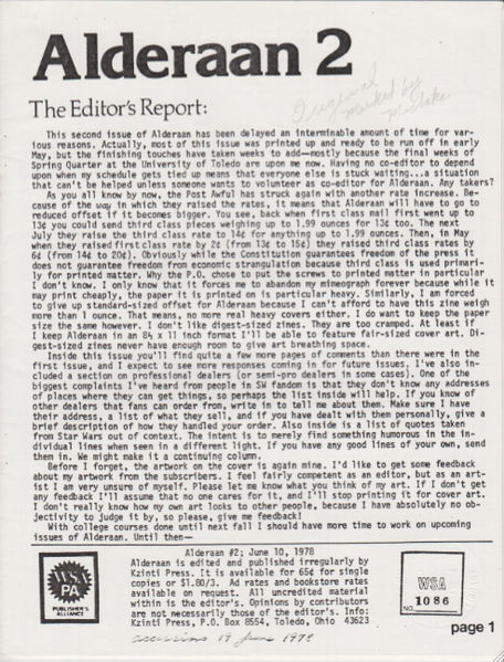 ALDERAAN magazine side cover Issue 2  June 1978