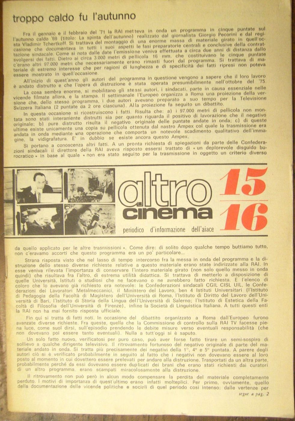 ALTROCINEMA magazine side cover Issue 15/16  1978