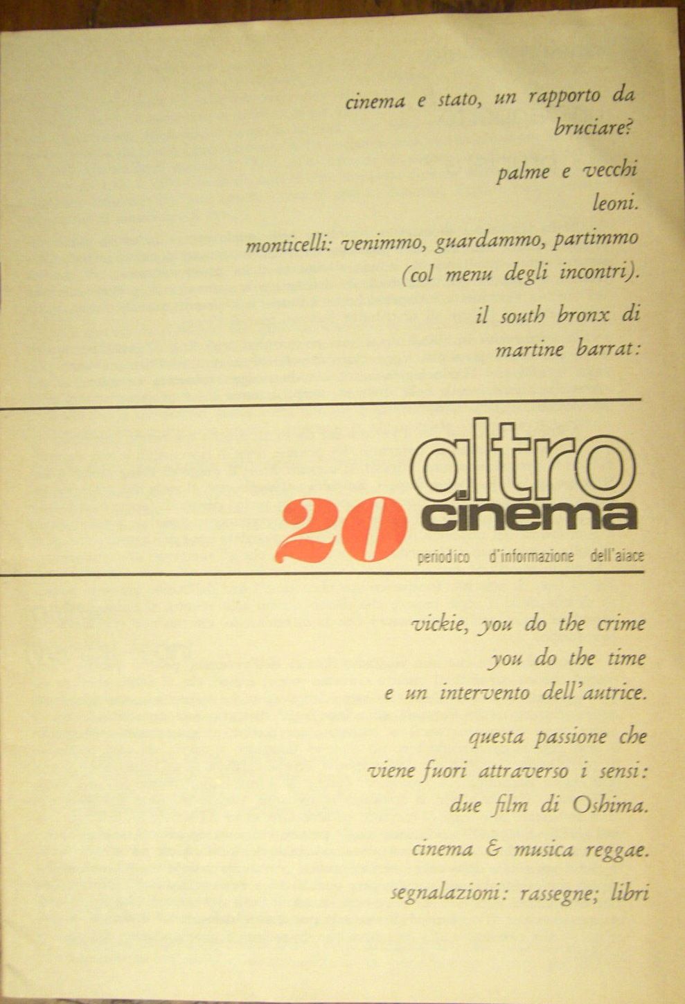 ALTROCINEMA magazine side cover Issue 20  1978