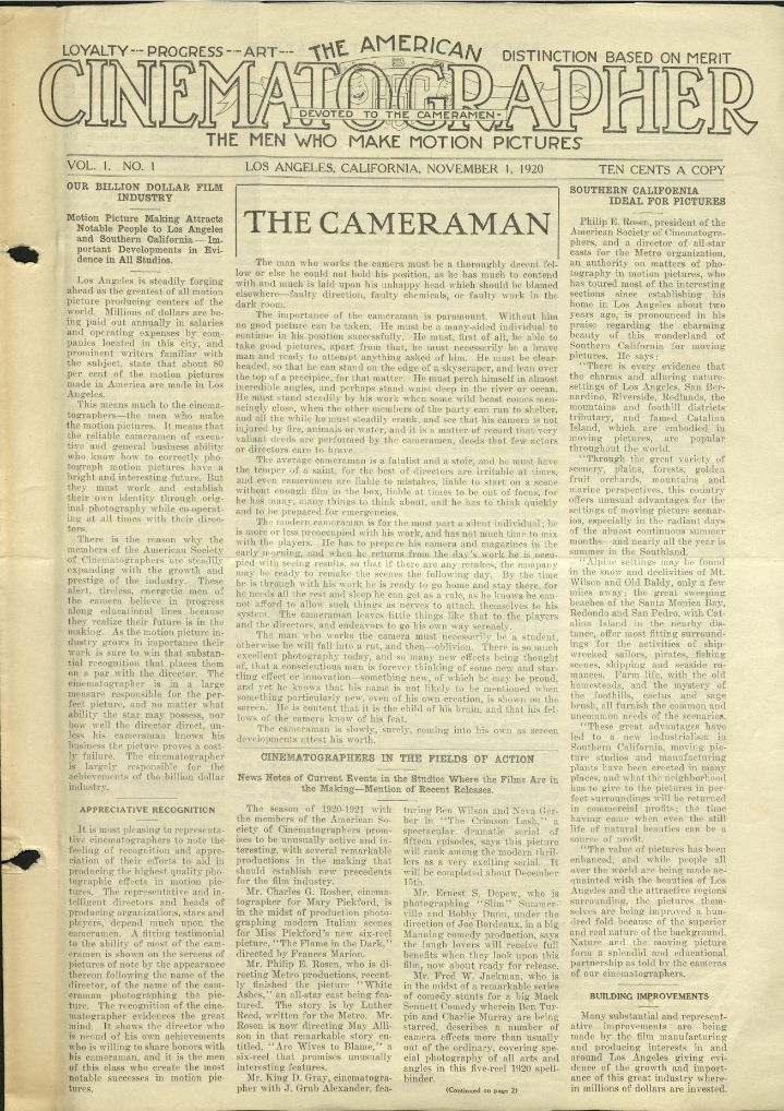 AMERICAN CINEMATOGRAPHER magazine side cover Issue 1 1 November 1920
