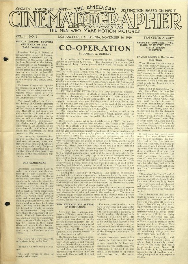 AMERICAN CINEMATOGRAPHER magazine side cover Issue 2 16 November 1920