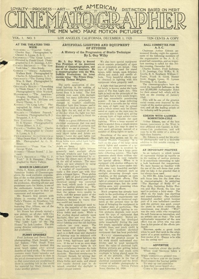 AMERICAN CINEMATOGRAPHER magazine side cover Issue 3 1 December 1920