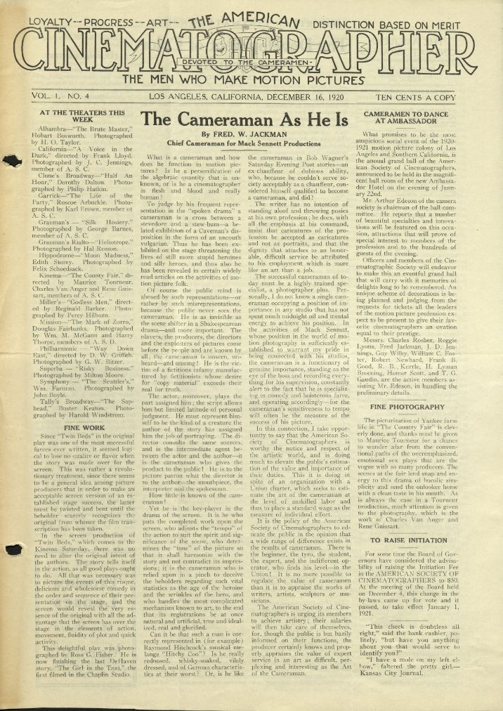 AMERICAN CINEMATOGRAPHER magazine side cover Issue 4 16 December 1920