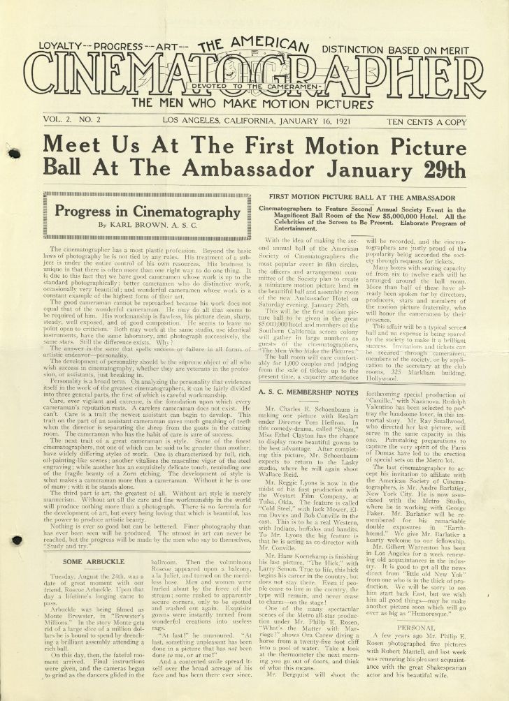 AMERICAN CINEMATOGRAPHER magazine side cover Issue 6  Vol 2 # 2 16 January 1921
