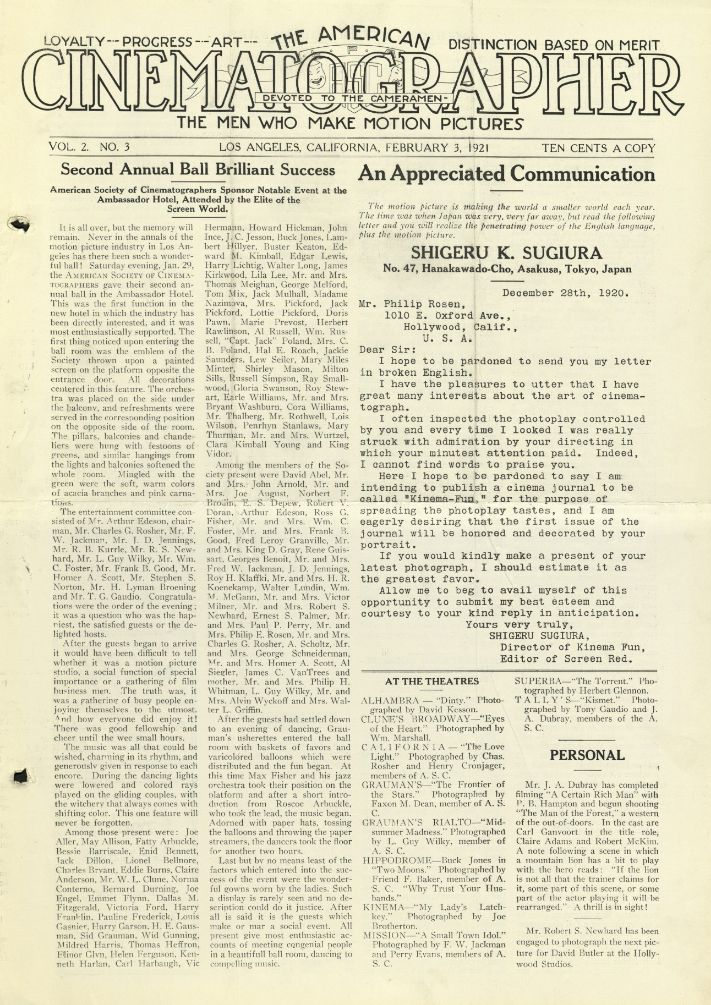 AMERICAN CINEMATOGRAPHER magazine side cover Issue 7  Vol 2 # 3 3 February 1921