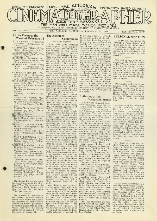 AMERICAN CINEMATOGRAPHER magazine side cover Issue 8  Vol 2 # 4 17 February 1921
