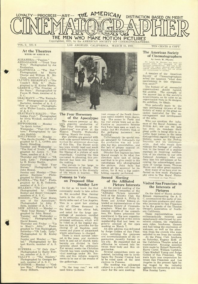 AMERICAN CINEMATOGRAPHER magazine side cover Issue 10  Vol 2 # 6 15 March 1921