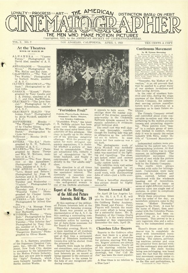 AMERICAN CINEMATOGRAPHER magazine side cover Issue 11  Vol 2 # 7 1 April 1921
