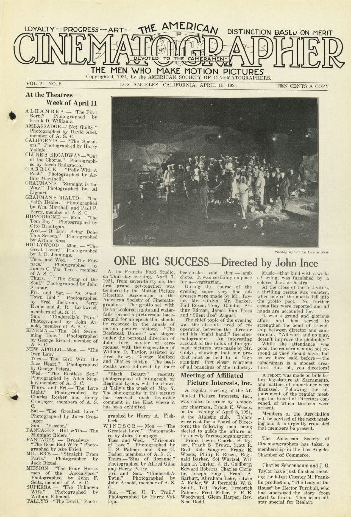 AMERICAN CINEMATOGRAPHER magazine side cover Issue 12  Vol 2 # 8 15 April 1921