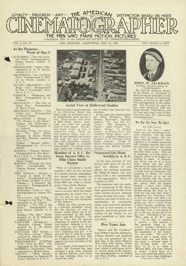 AMERICAN CINEMATOGRAPHER magazine side cover Issue 14  Vol 2 # 10 12 May 1921