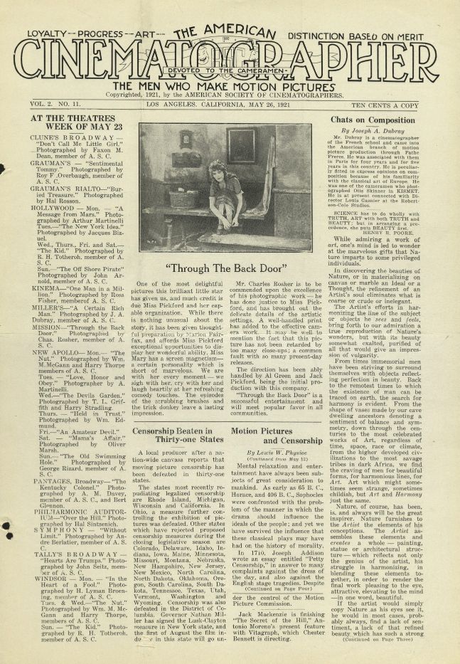 AMERICAN CINEMATOGRAPHER magazine side cover Issue 15  Vol 2 # 11 26 May 1921