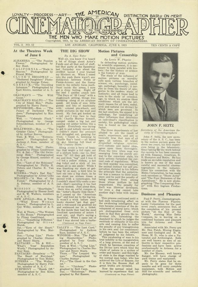 AMERICAN CINEMATOGRAPHER magazine side cover Issue 16  Vol 2 # 12 9 June 1921