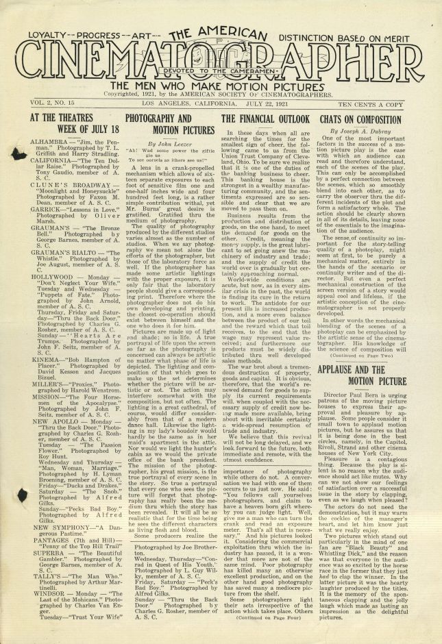 AMERICAN CINEMATOGRAPHER magazine side cover Issue 19  Vol 2 # 15 22 July 1921