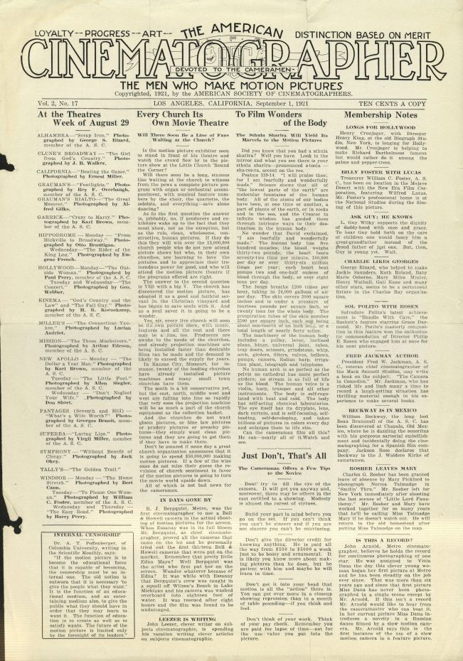 AMERICAN CINEMATOGRAPHER magazine side cover Issue 21  Vol 2 # 17 1 September 1921