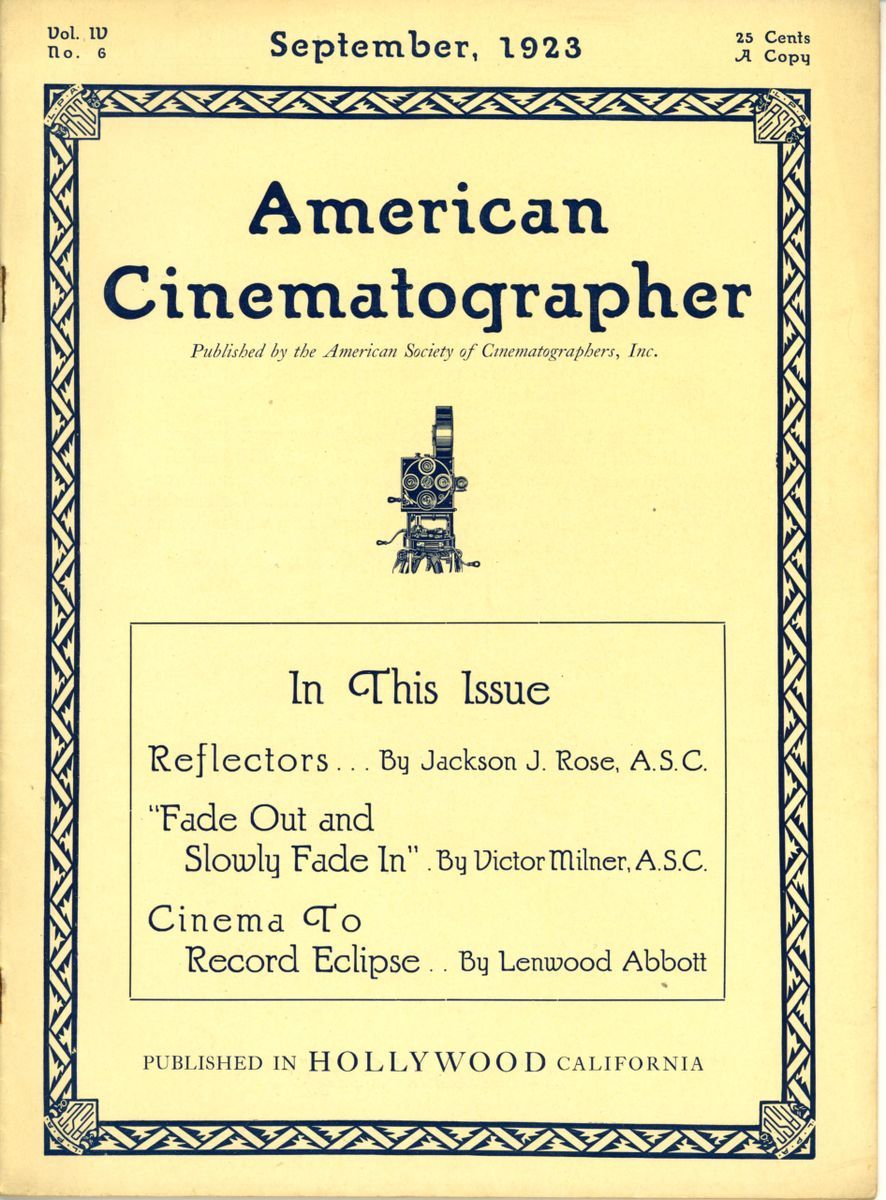 AMERICAN CINEMATOGRAPHER magazine side cover Issue 51  Vol 4 No 6 September 1923