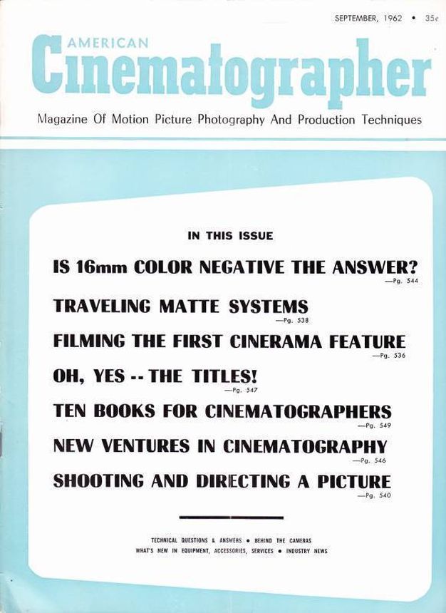 AMERICAN CINEMATOGRAPHER magazine side cover Issue 519 September 1962