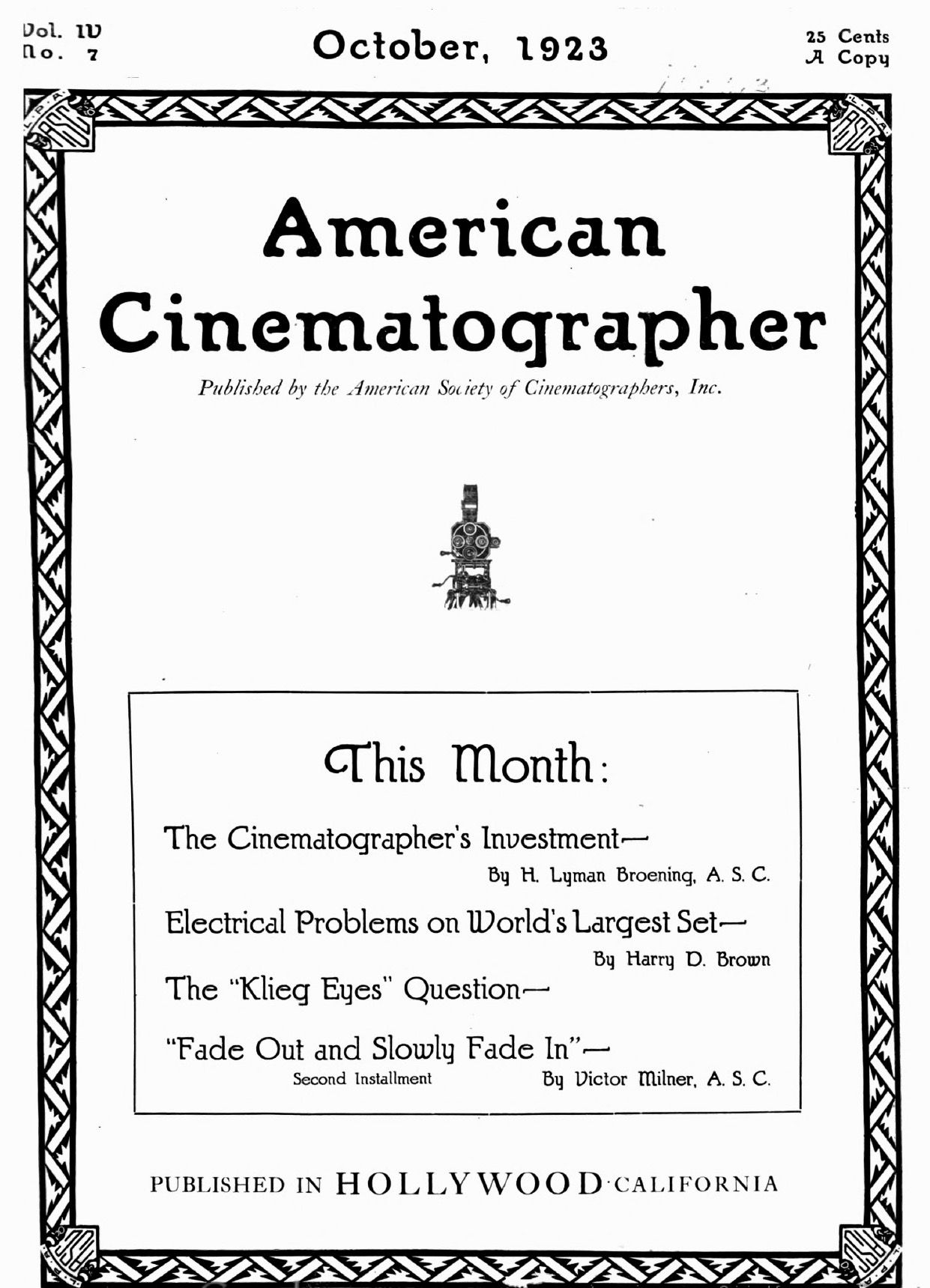 AMERICAN CINEMATOGRAPHER magazine side cover Issue 52  Vol 4 No 7 October 1923