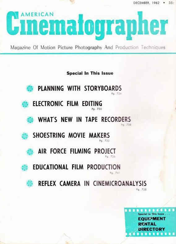 AMERICAN CINEMATOGRAPHER magazine side cover Issue 522 December 1962
