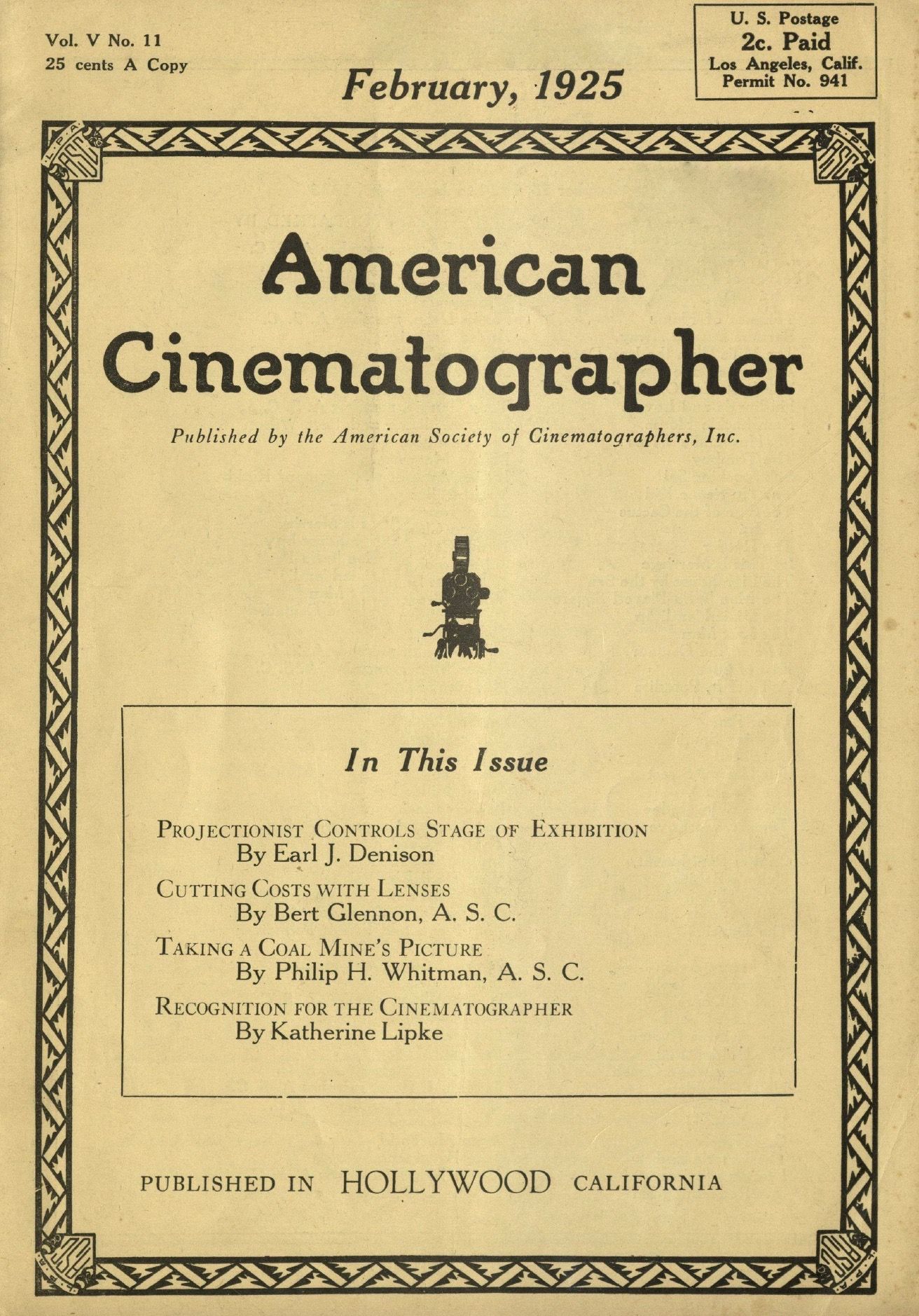 AMERICAN CINEMATOGRAPHER magazine side cover Issue 68  Vol 5 No 11 February 1925