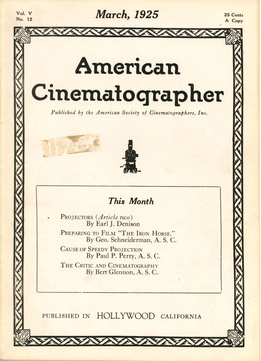 AMERICAN CINEMATOGRAPHER magazine side cover Issue 69  Vol 5 No 12 March 1925
