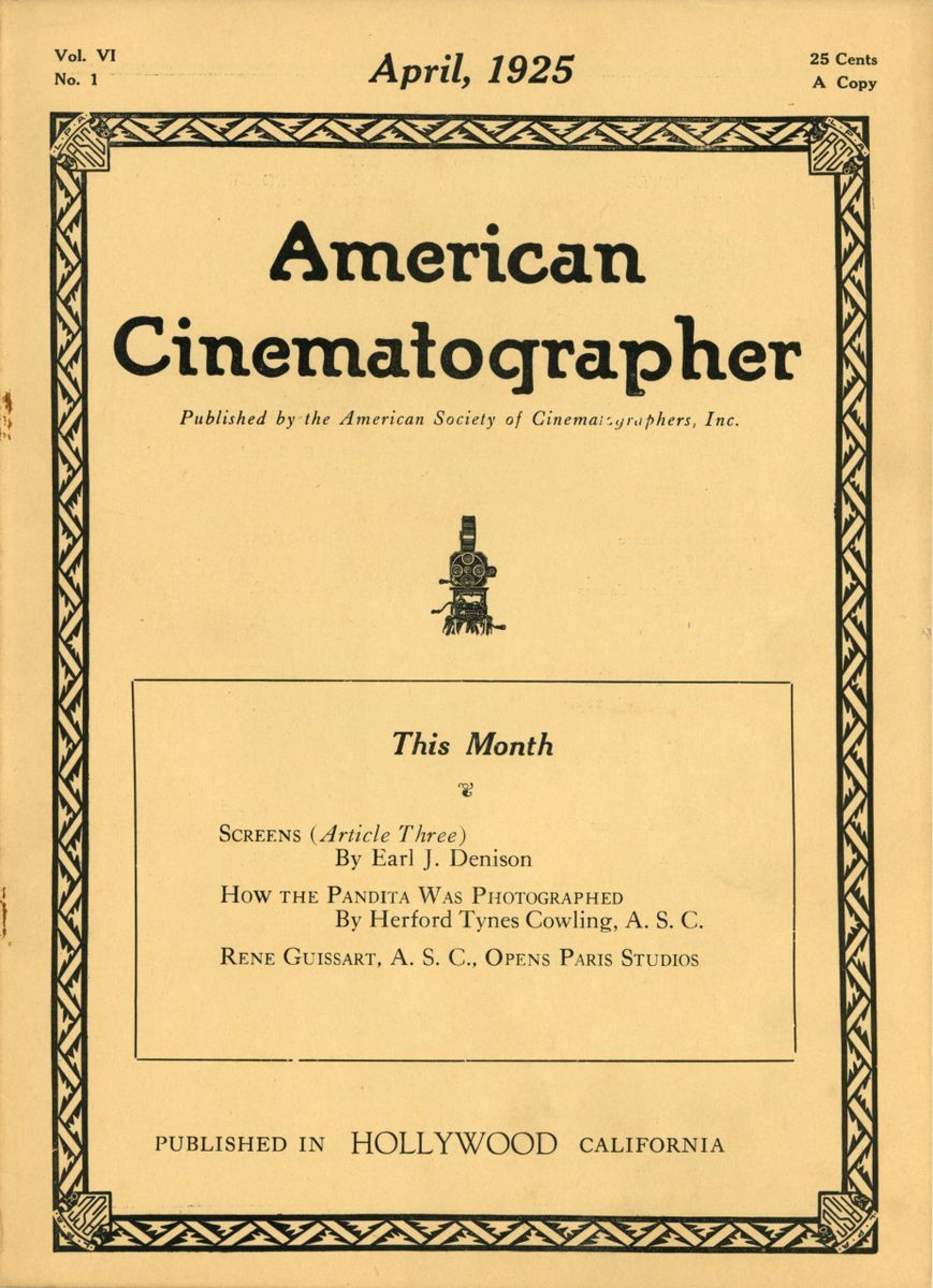 AMERICAN CINEMATOGRAPHER magazine side cover Issue 70  Vol 6 No 1 April 1925