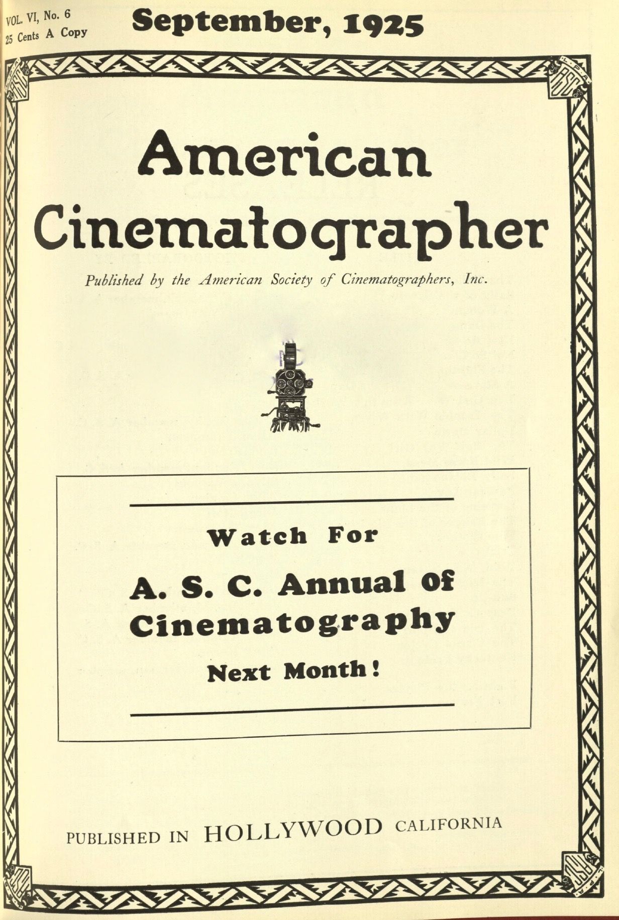 AMERICAN CINEMATOGRAPHER magazine side cover Issue 75  Vol 6 No 6 September 1925