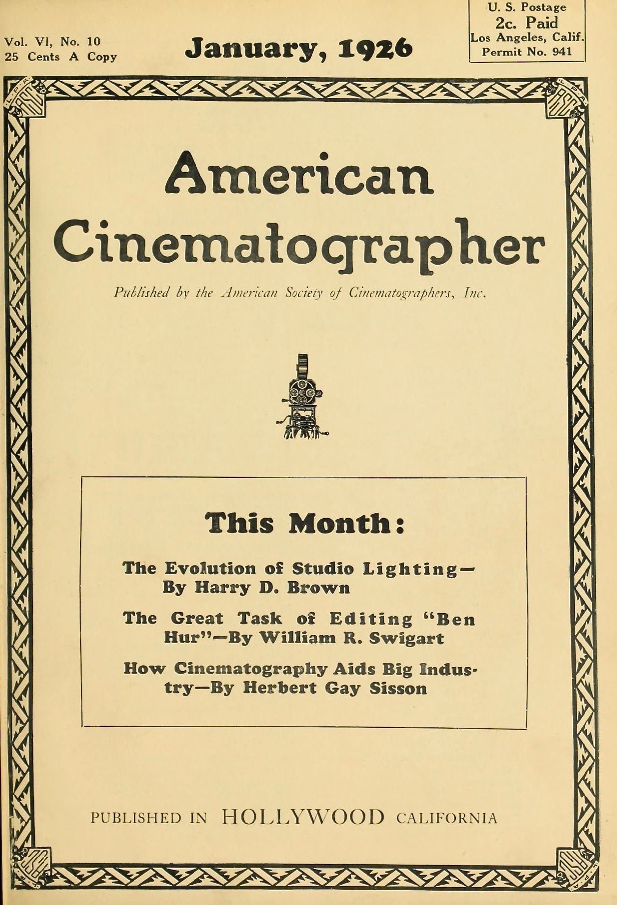 AMERICAN CINEMATOGRAPHER magazine side cover Issue 79 January 1926