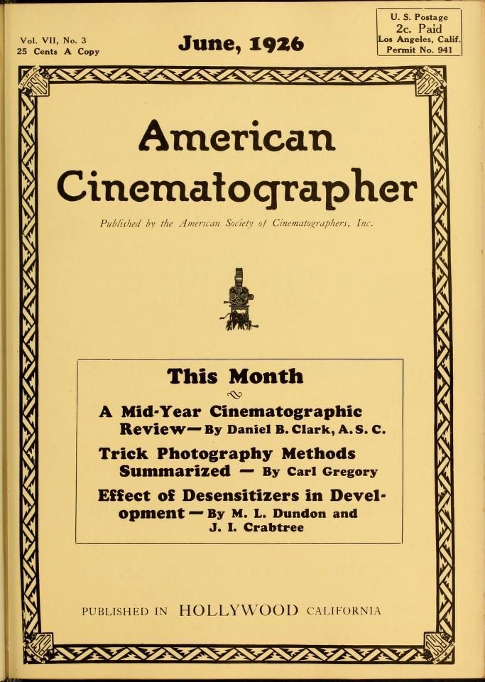 AMERICAN CINEMATOGRAPHER magazine side cover Issue 84 June 1926