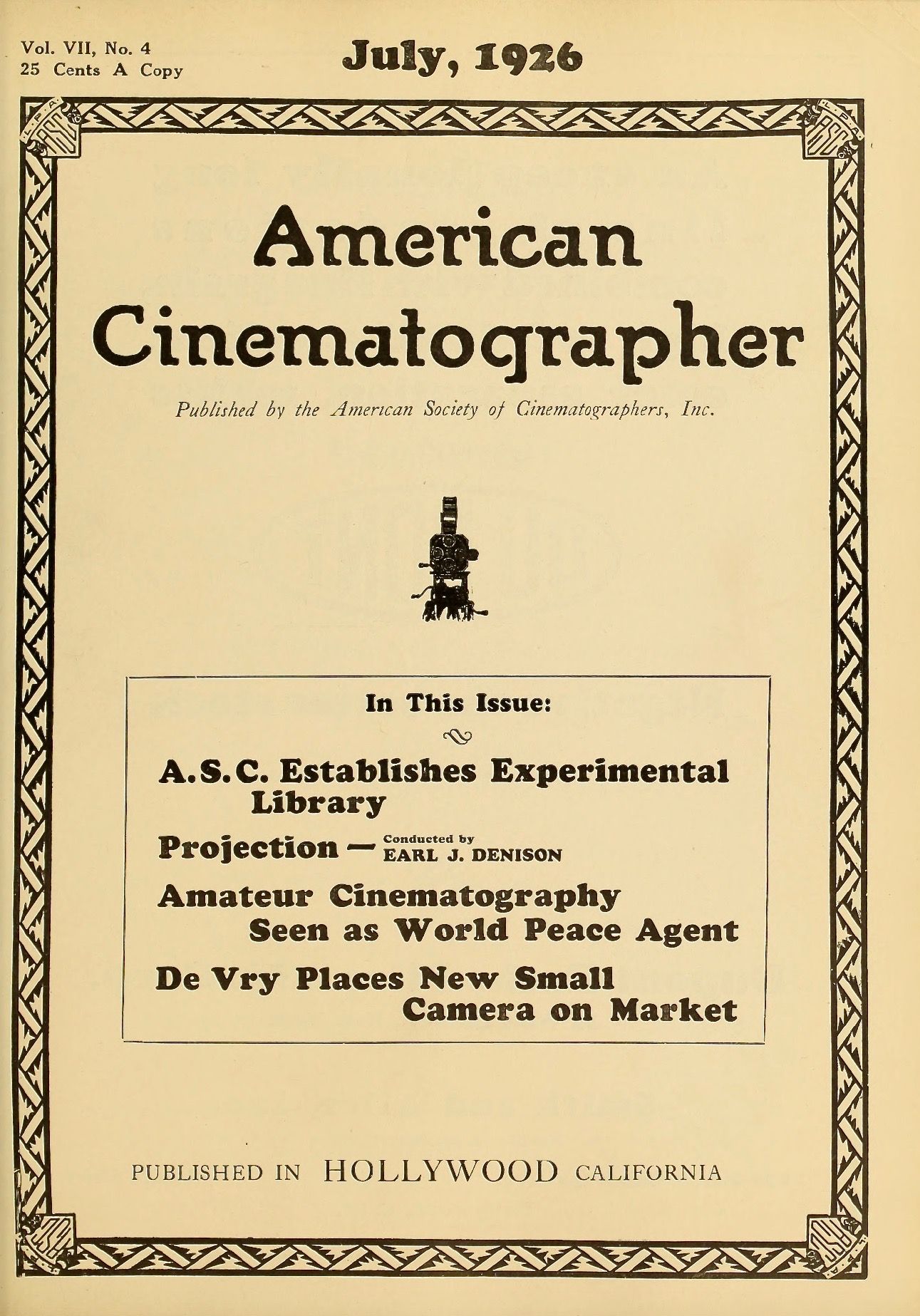 AMERICAN CINEMATOGRAPHER magazine side cover Issue 85 July 1926