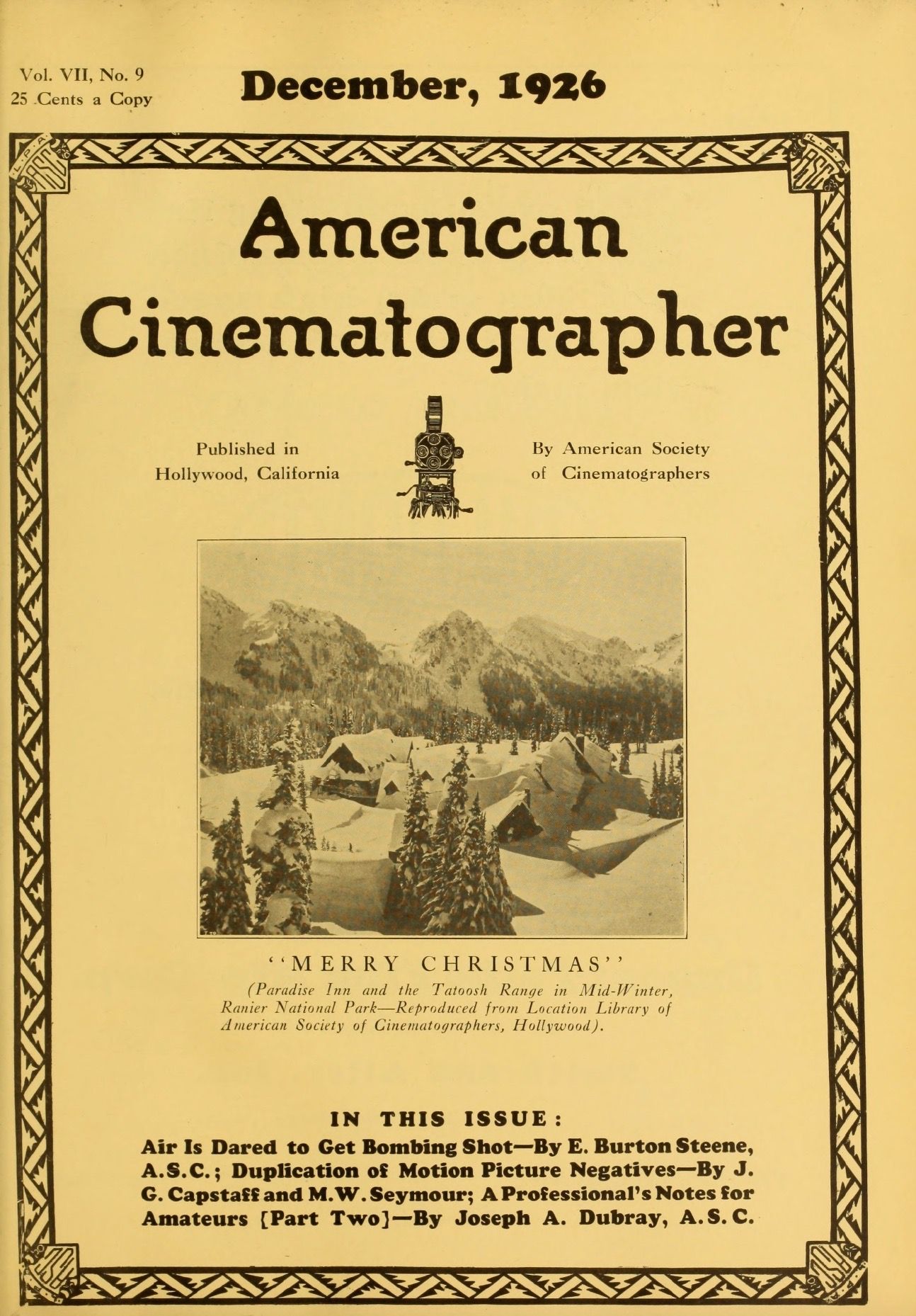 AMERICAN CINEMATOGRAPHER magazine side cover Issue 90 December 1926