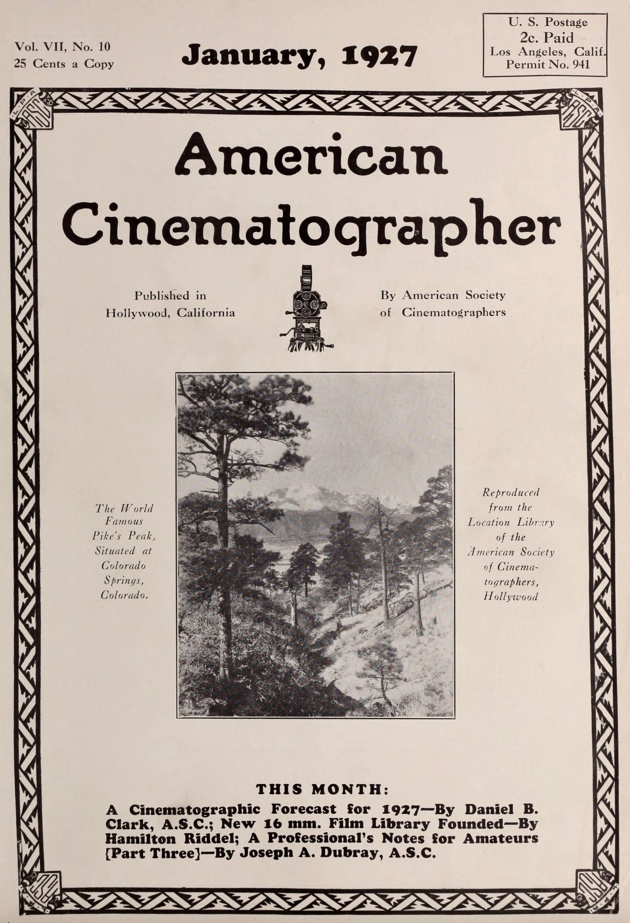 AMERICAN CINEMATOGRAPHER magazine side cover Issue 91 January 1927