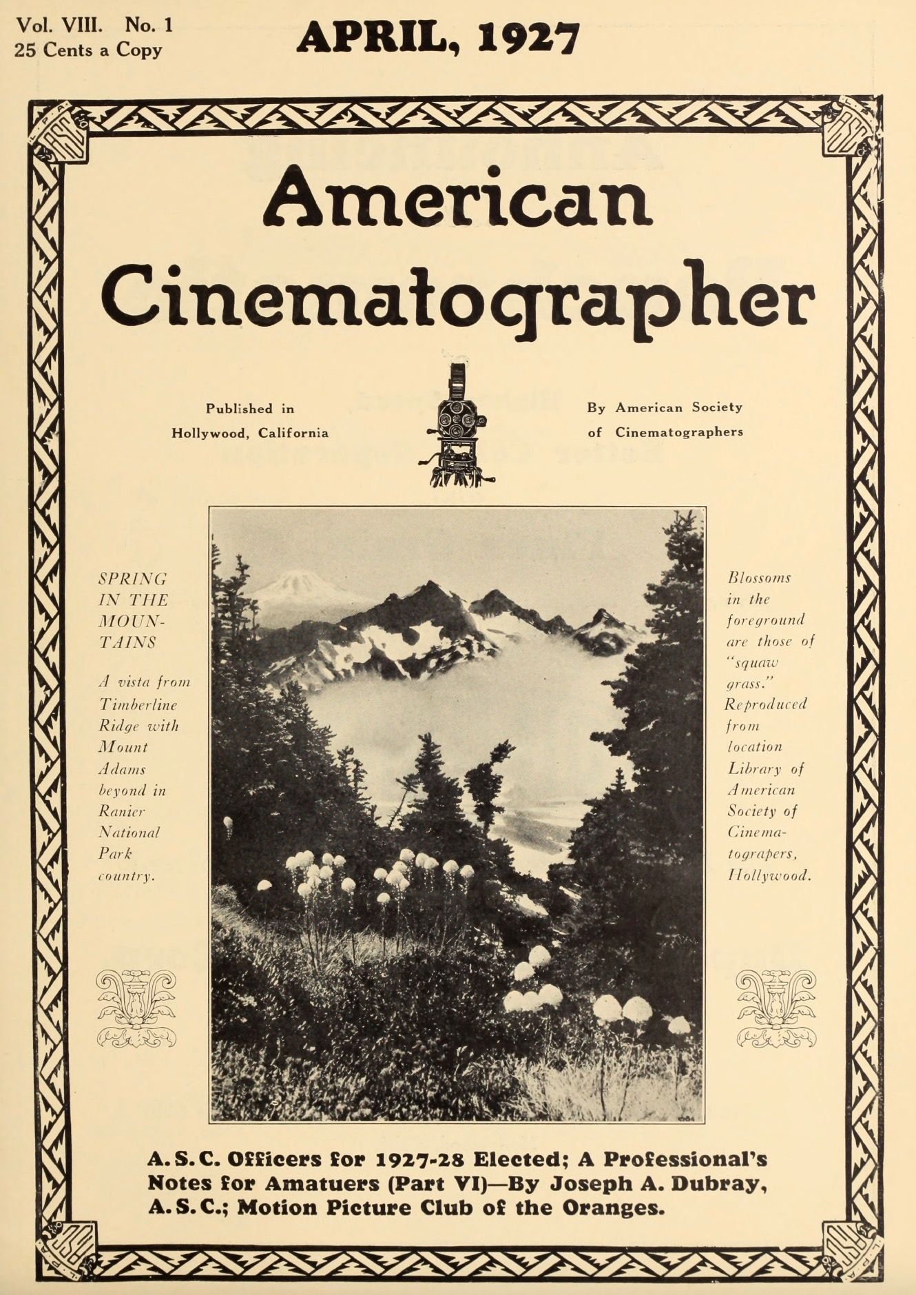 AMERICAN CINEMATOGRAPHER magazine side cover Issue 94 April 1927