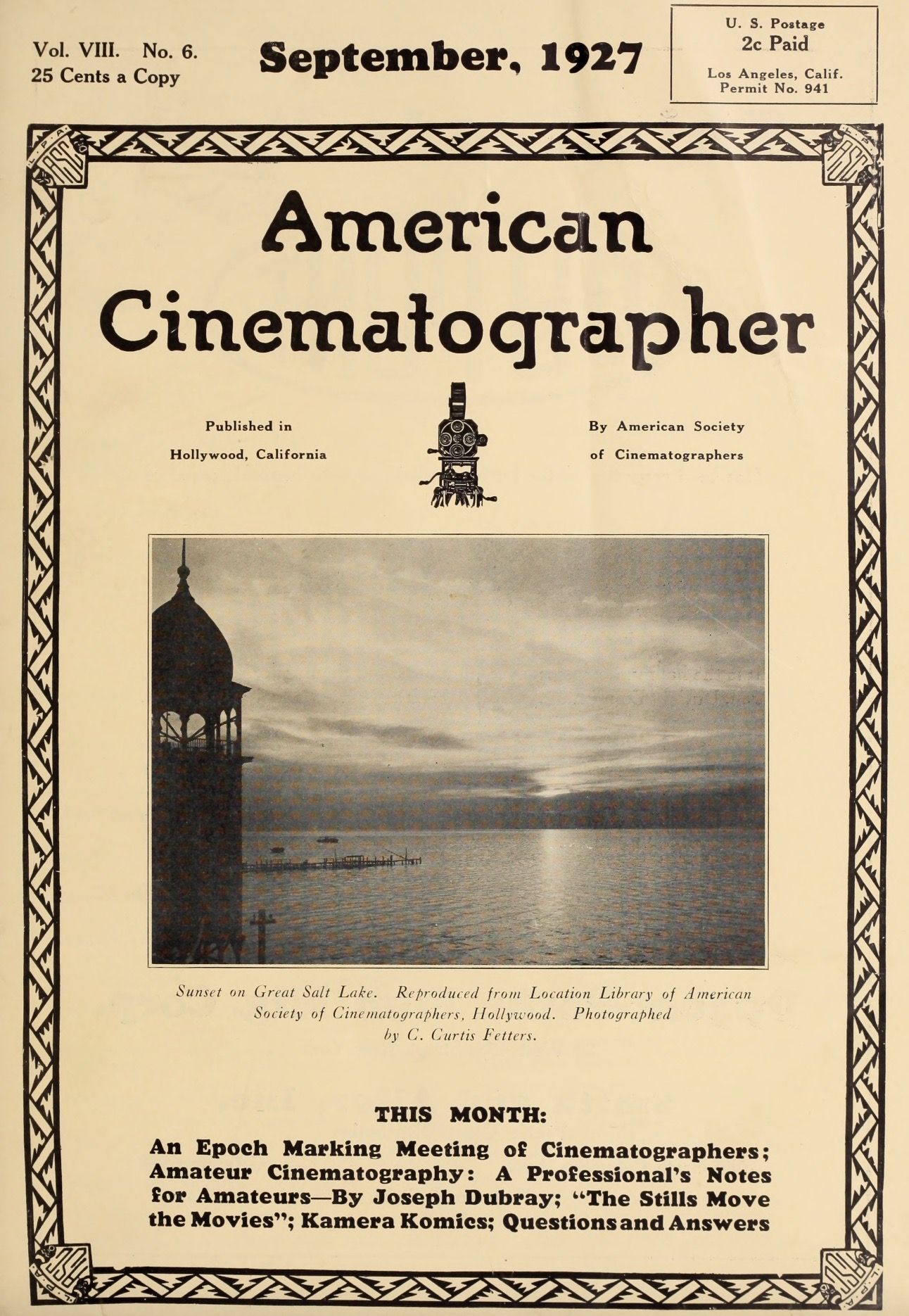 AMERICAN CINEMATOGRAPHER magazine side cover Issue 99 September 1927