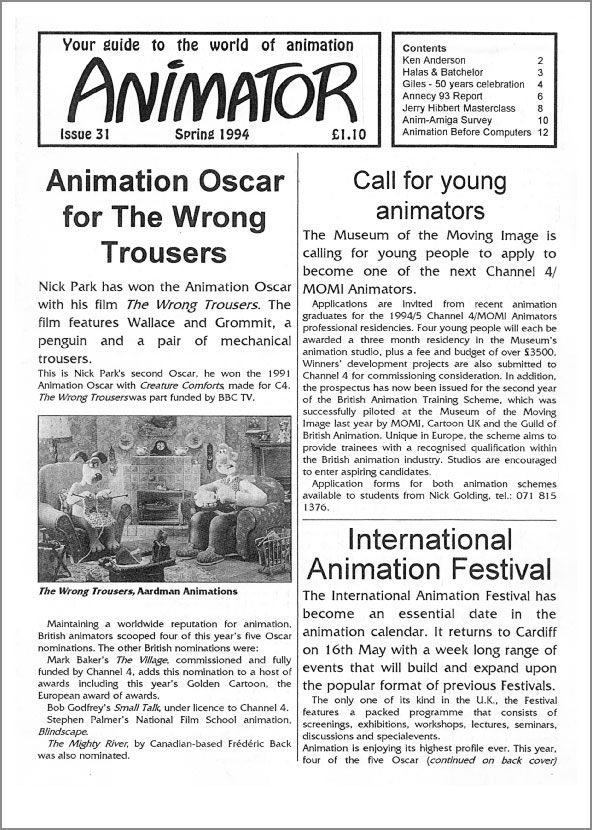 ANIMATOR magazine side cover Issue 31 Spring 1994
