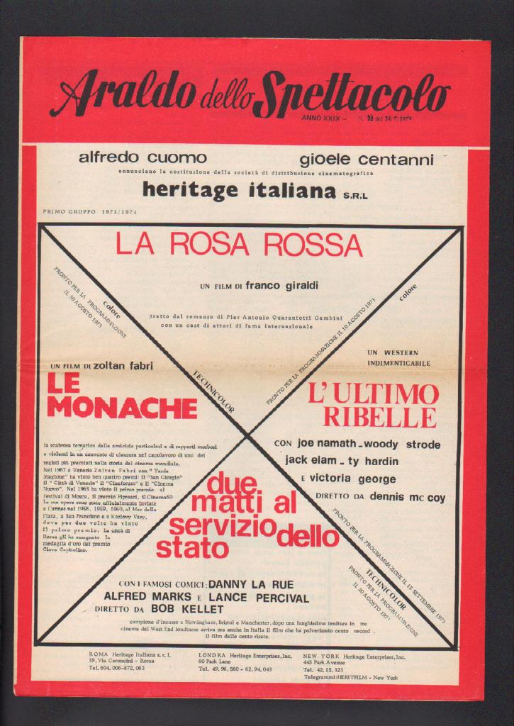 ARALDO DELLO SPETTACOLO magazine side cover Issue 19 24 July 1973
