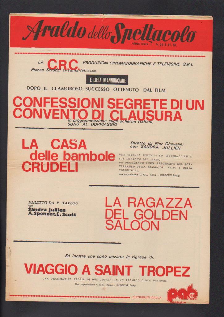 ARALDO DELLO SPETTACOLO magazine side cover Issue 29 5 November 1973