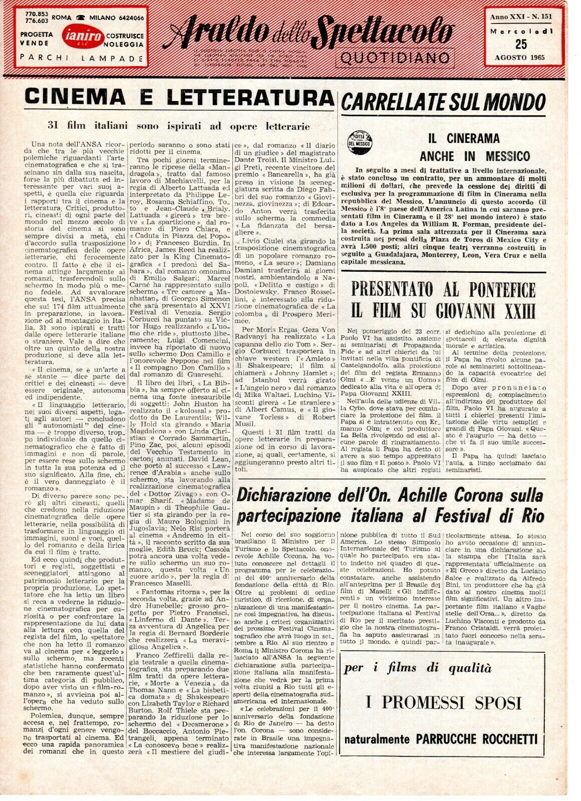 ARALDO DELLO SPETTACOLO magazine side cover Issue 151 25 August 1965