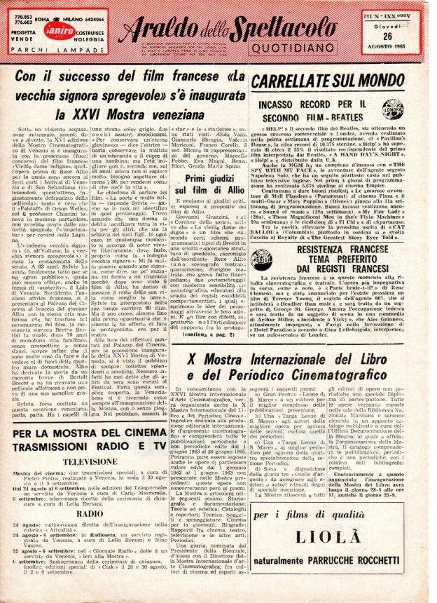 ARALDO DELLO SPETTACOLO magazine side cover Issue 152 26 August 1965