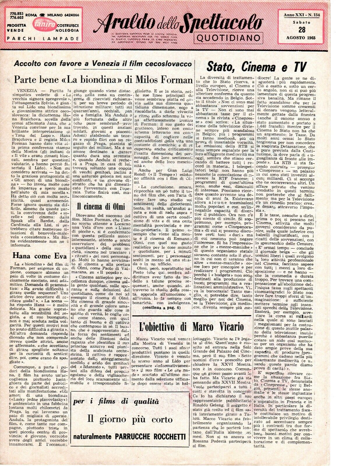 ARALDO DELLO SPETTACOLO magazine side cover Issue 154 28 August 1965
