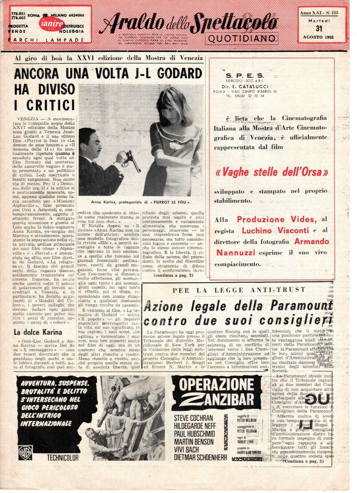 ARALDO DELLO SPETTACOLO magazine side cover Issue 155 31 August 1965