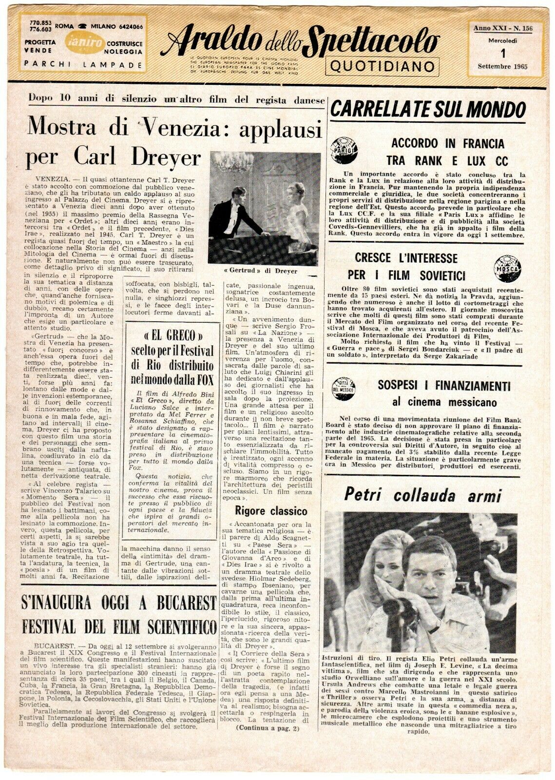 ARALDO DELLO SPETTACOLO magazine side cover Issue 156 1 September 1965