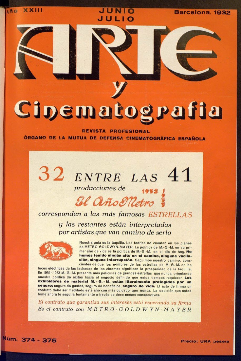 ARTE Y CINEMATOGRAFIA magazine side cover Issue 374  June/July 1932