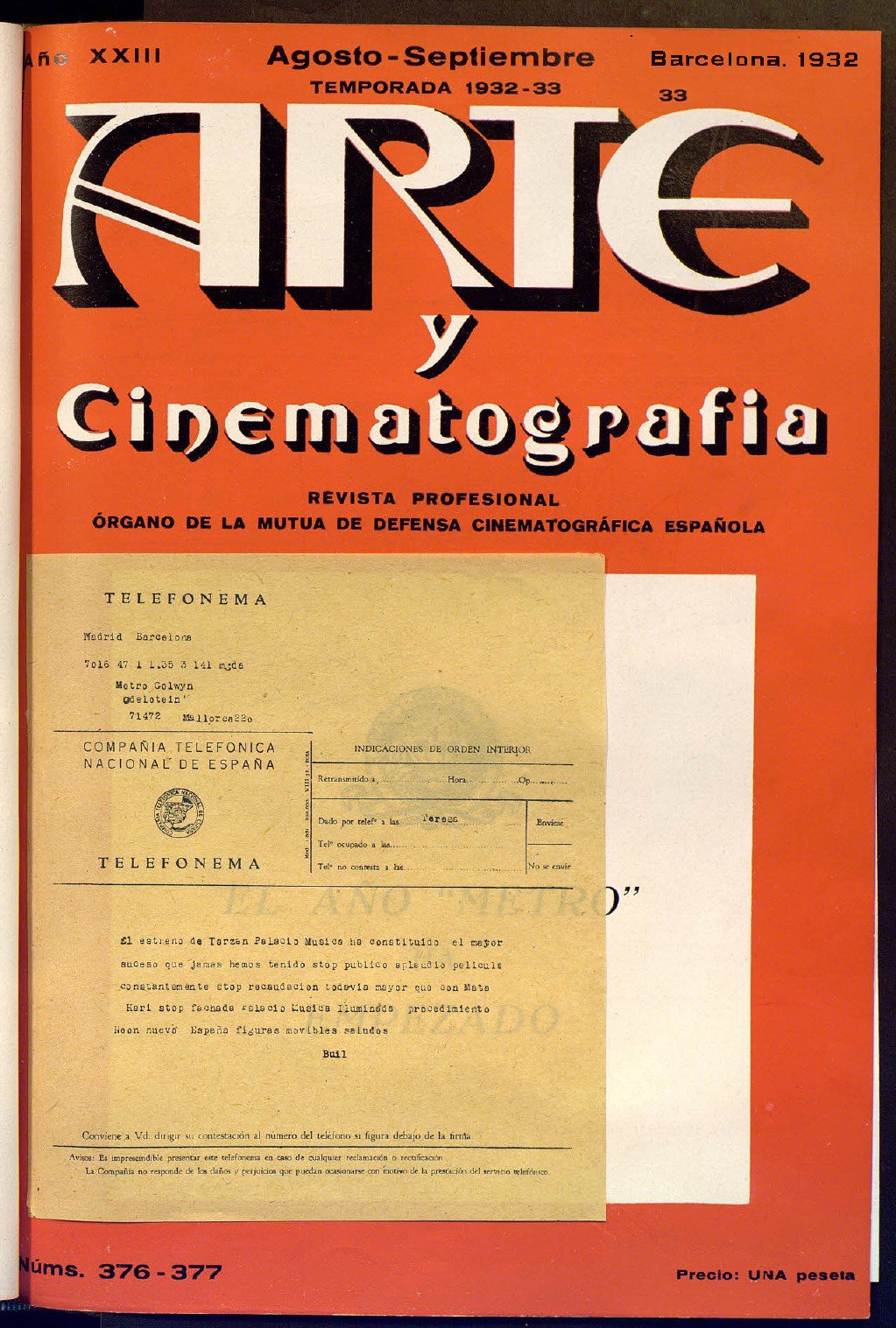 ARTE Y CINEMATOGRAFIA magazine side cover Issue 376-377  August 1932