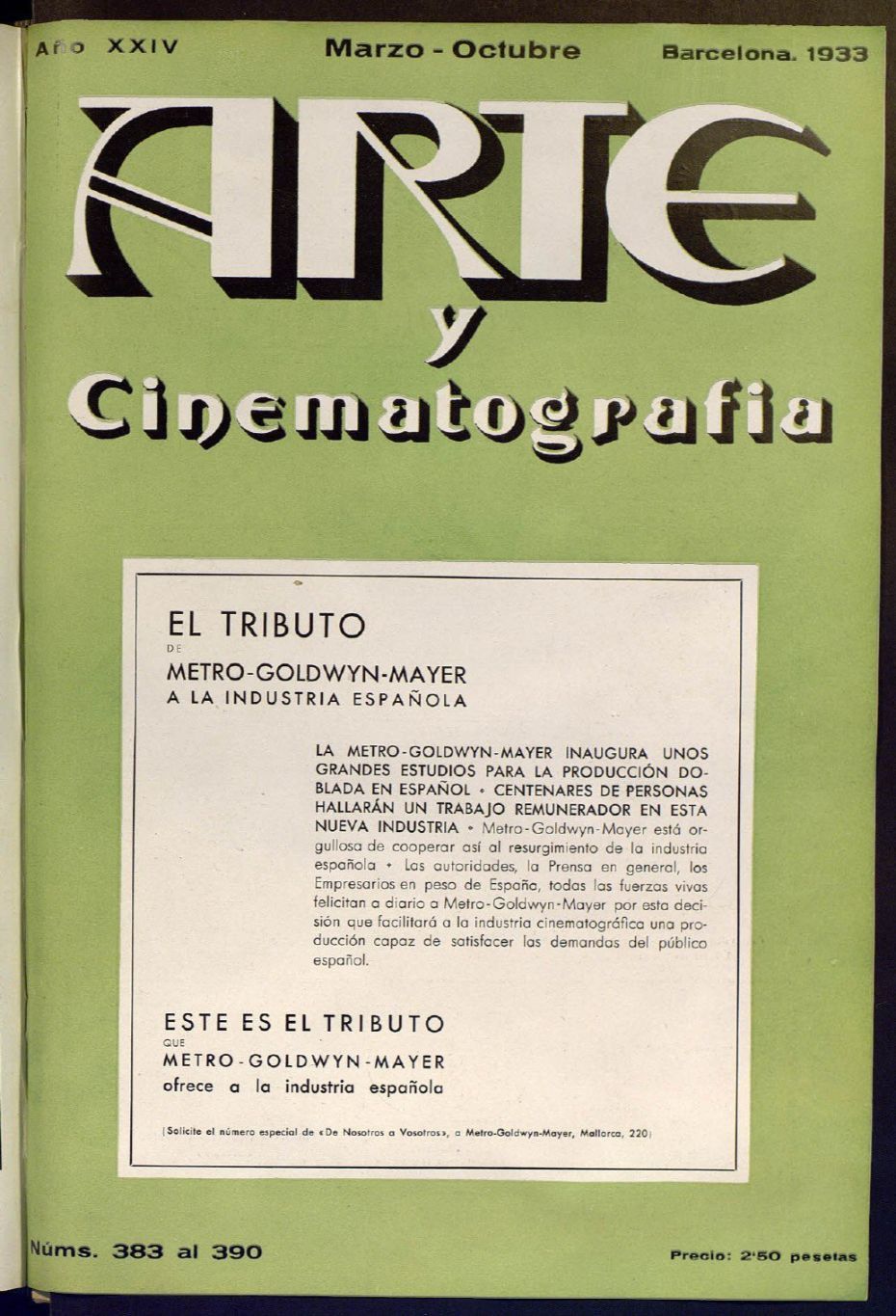 ARTE Y CINEMATOGRAFIA magazine side cover Issue 383-390  March/October 1933